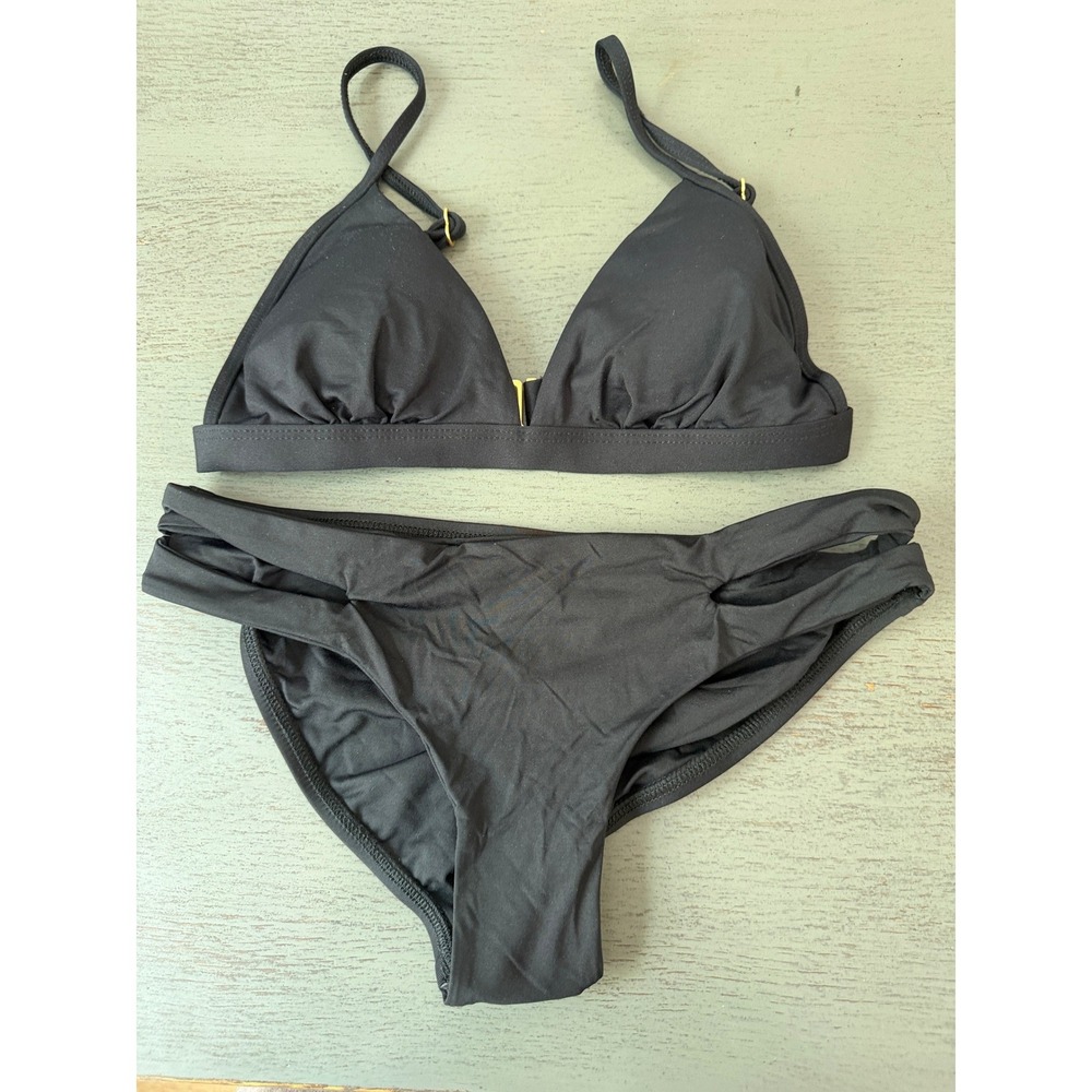 L*Space Black Triangle Bikini Set Gold Hardware Full Cut Bottoms XS NWOT